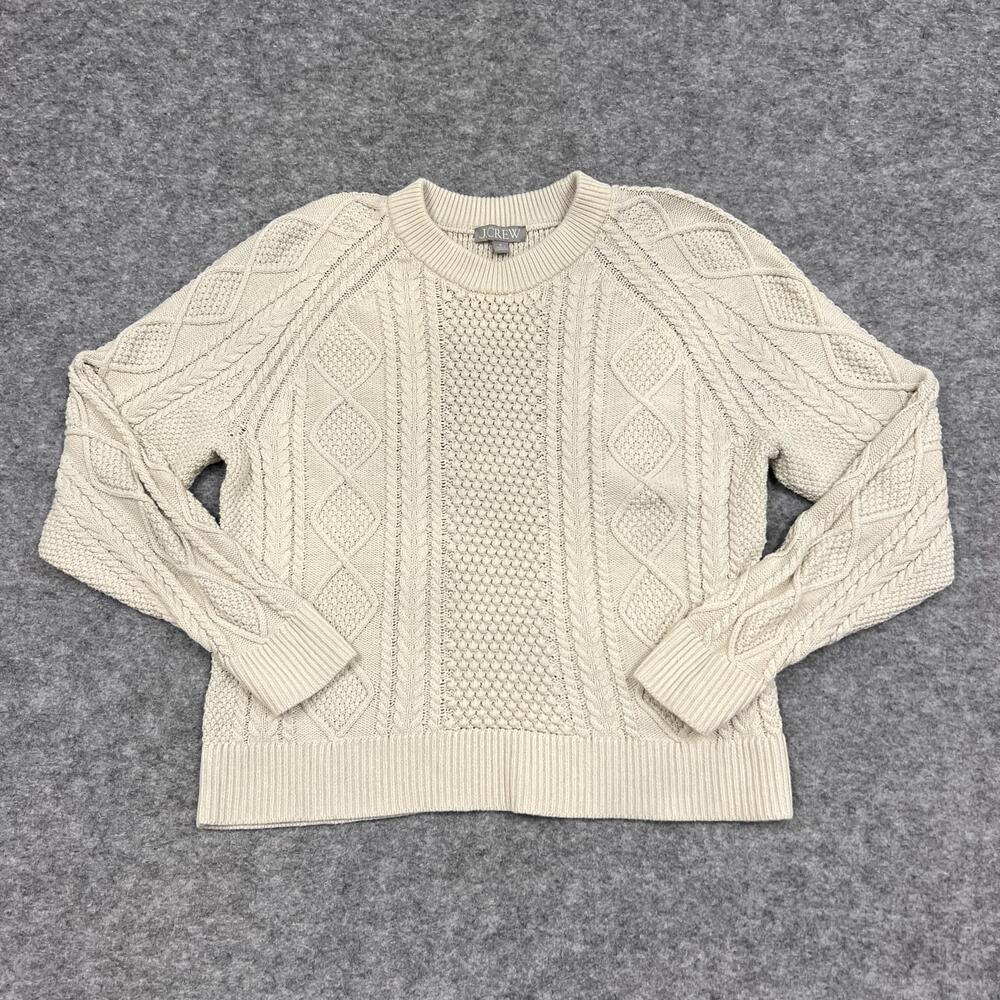 J CREW Sweater Womens M Beige Cable Knit Crew Neck Heavyweight Pullover Preppy